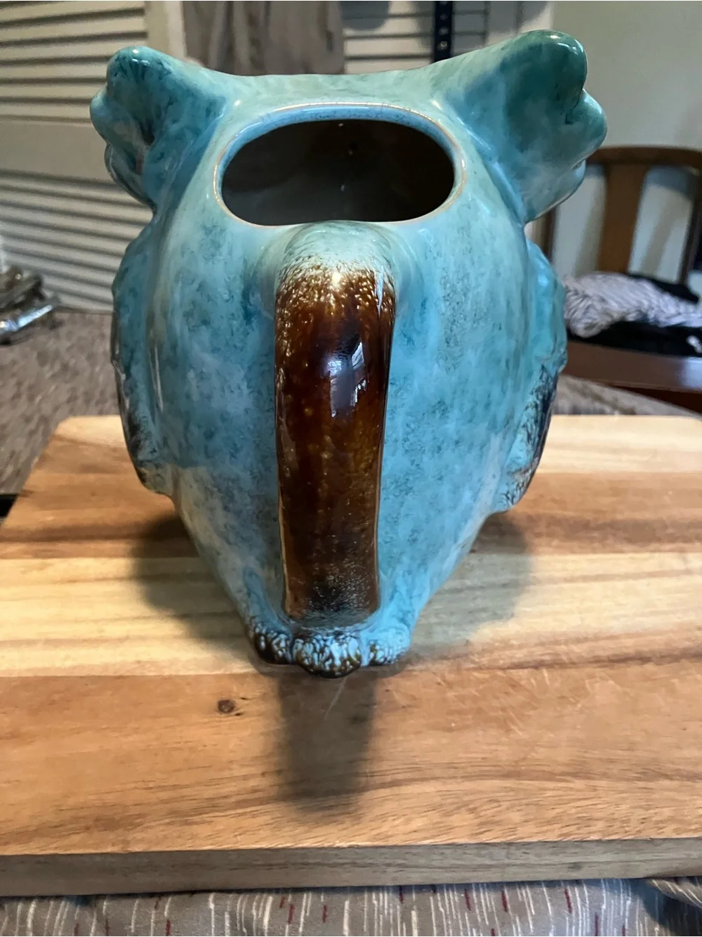 Vintage Handcrafted Turquoise Glazed Ceramic Owl Pitcher
